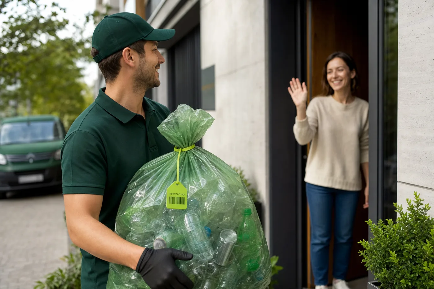 Kurier Poczty Polskiej odbiera worek Recyclo GO z butelkami sprzed domu